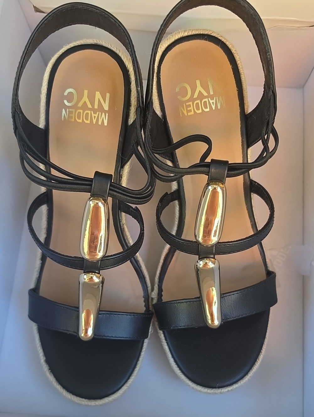 Madden NYC Black Strappy Wedge Sandals with Gold Accents